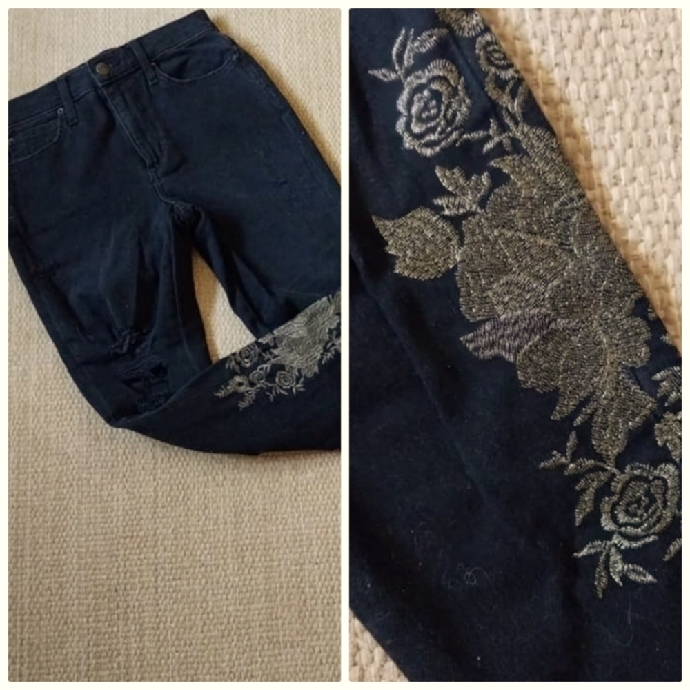 Joe's Jeans Black Distressed Gold Embroidered Flowers